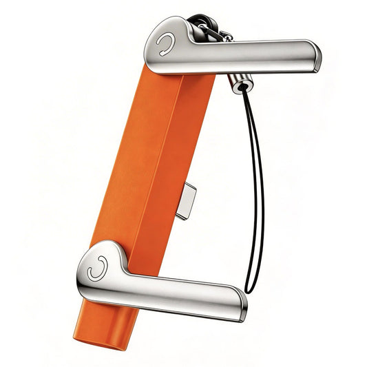 An orange and silver metal keychain lock pick set with a black lanyard, shown on a solid white background.