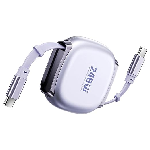 A compact, rounded rectangular USB-C to USB-C cable with a retractable strap, shown in a metallic silver and lavender color scheme on a plain white background.