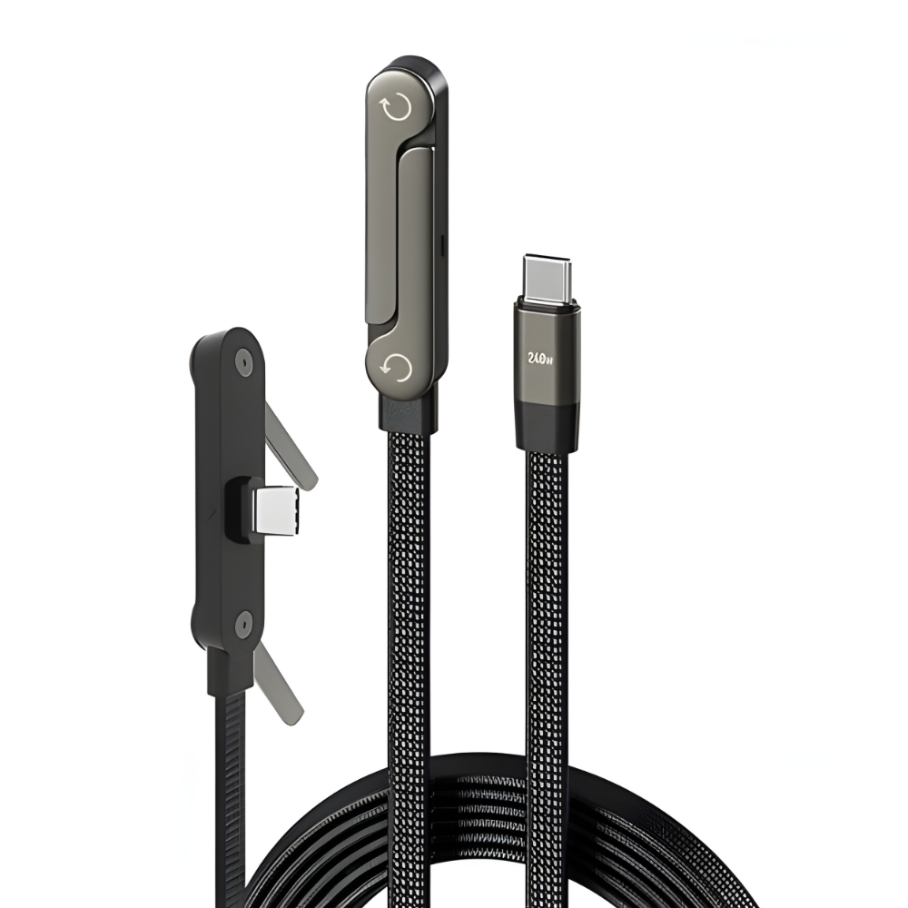 GRUNX TikTok 240W USB-C to C charging cable 1.5M with invisible stand holding iPhone 15 upright on Indian work desk data transfer cable