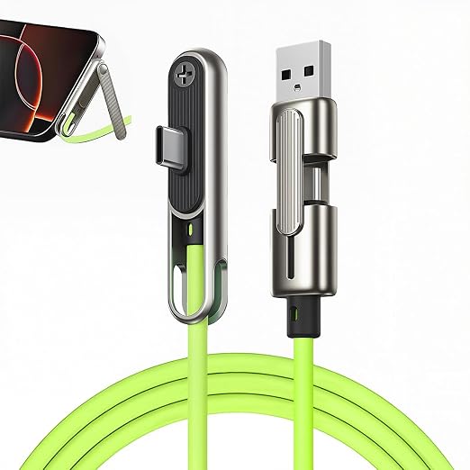 A neon green USB-C charging cable with a metallic silver and black magnetic clip connector, shown alongside a phone accessory demonstration on a white background.