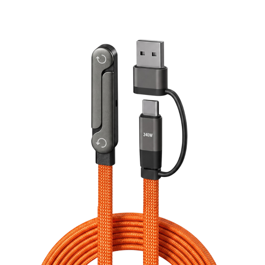 An orange braided USB-C charging cable with a black loop clip and gray connector housings, shown on a plain white background.