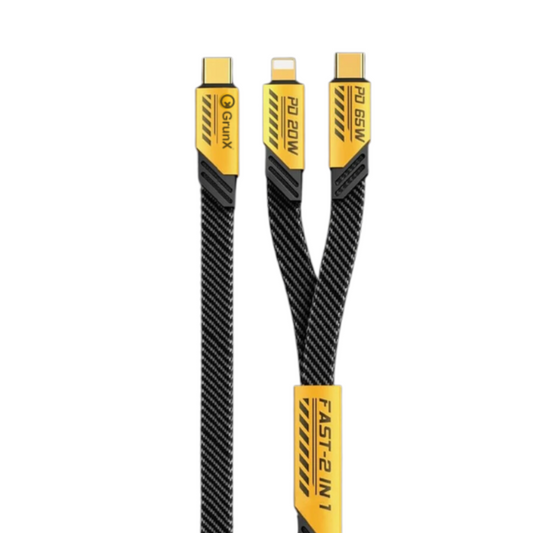 A 3-in-1 USB-C to USB-C cable with a Y-splitter design, featuring a black and gray carbon fiber textured pattern, gold-plated connectors, and yellow accents with text including 'Gauex' and 'FAST-2-IN-1'.