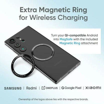 GRUNX Aerosync Snap MagSafe power bank snapping onto iPhone 15 showing magnetic alignment and wireless charging connection