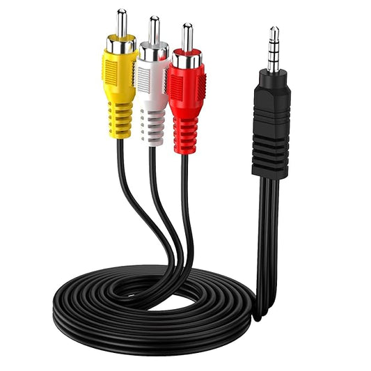 Black audio cable with red, yellow, and white plugs on a white background