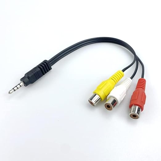 Audio cable with three RCA plugs (yellow, white, red) on a white background