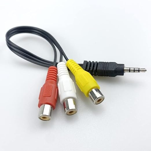AV cable with red, white, and yellow plugs on a white background