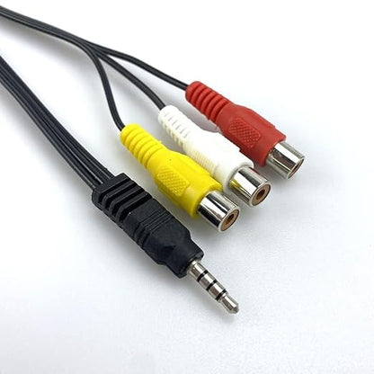 AV cable with red, yellow, and white plugs on a white background
