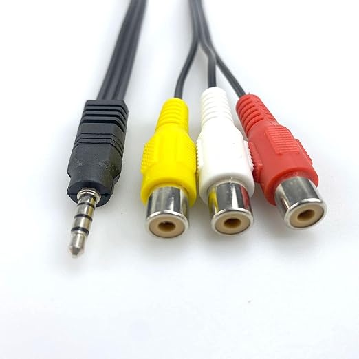 AV cable with yellow, white, and red plugs on a white background