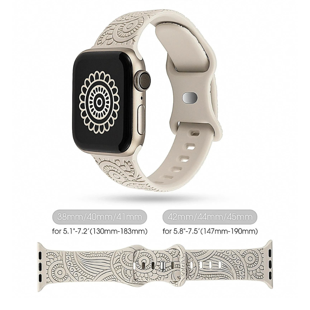 Beige engraved floral silicone Apple Watch band compatible with 38mm 40mm 41mm and 42mm 44mm 45mm Apple Watch models with mandala watch face