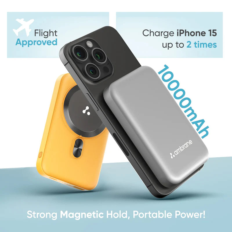 Aerosync Snap MagSafe power bank snapping onto iPhone 15 showing magnetic alignment and wireless charging connection