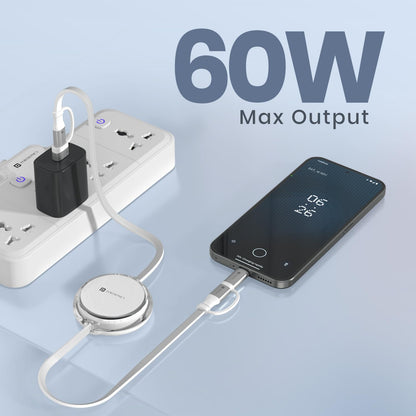 Portronics 4-in-1 retractable cable delivering 60W max output fast charging to smartphone via power strip