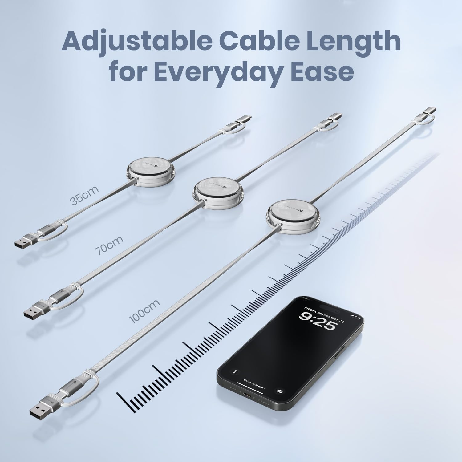 Portronics retractable charging cable with adjustable length options of 35cm, 70cm, and 100cm for everyday use