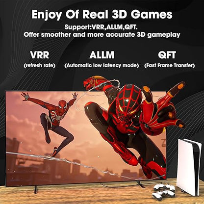 Television displaying a superhero character with text about 3D gaming features.