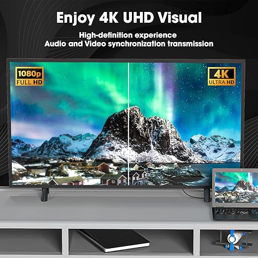 Television displaying 4K UHD and Full HD content with text about audio and video synchronization.