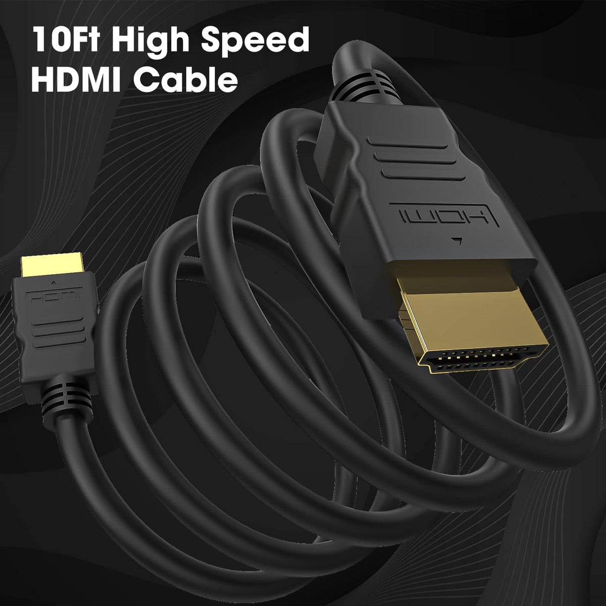 10ft high speed HDMI cable with gold connectors on a dark background