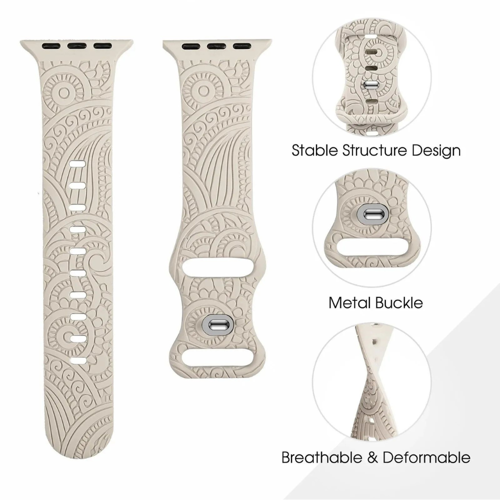 Engraved paisley floral silicone Apple Watch band showing stable structure design, metal buckle, and breathable deformable strap in beige