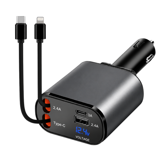 GrunX 4 in 1 Fast Car Charger 120W with USB-C PD USB-A retractable cables for iPhone Samsung Android