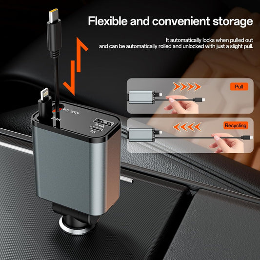GRUNX 120W fast car charger with retractable Type-C and Lightning cables