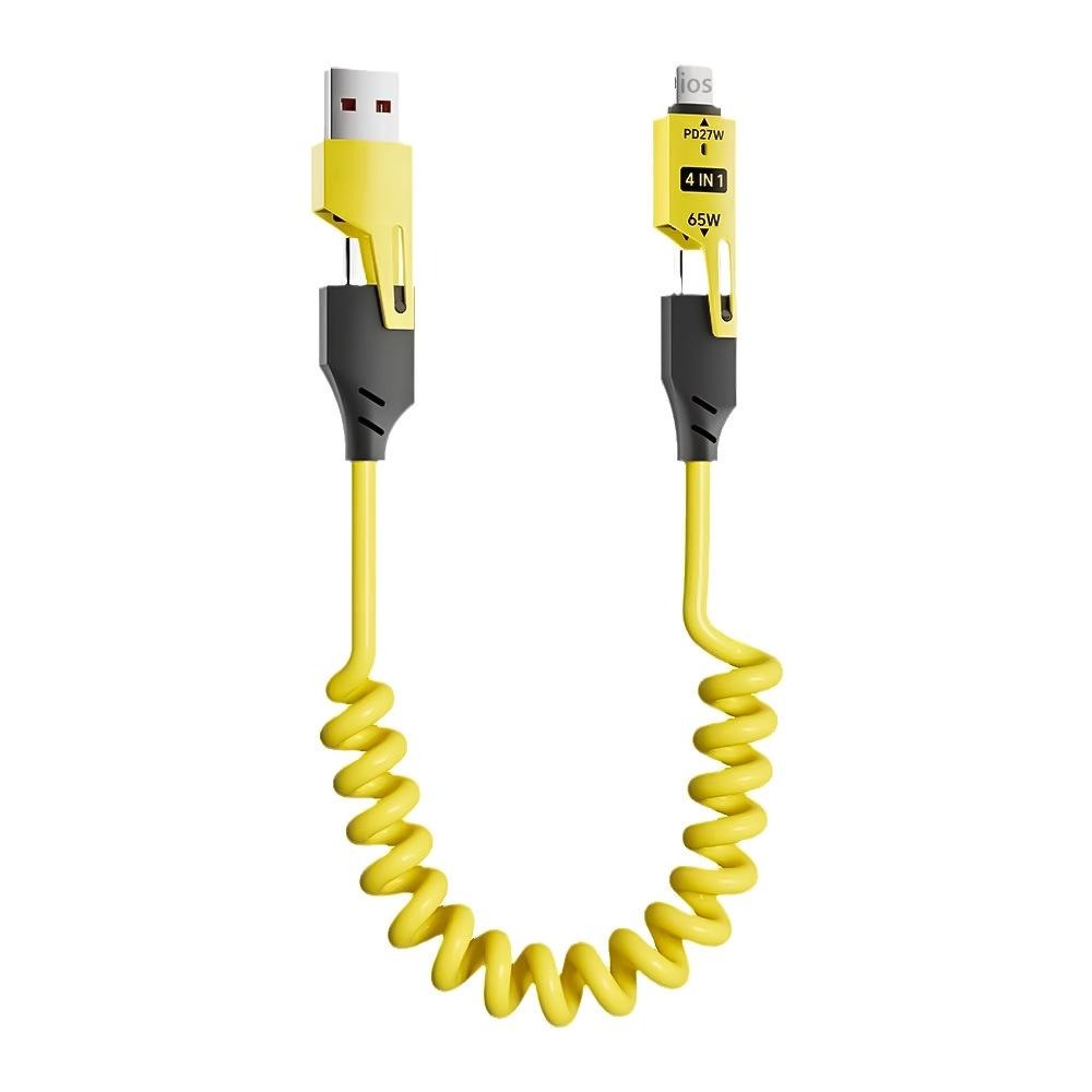 GRUNX Spira 4-in-1 spring cable showing retractable coil design with Type-C Lightning Micro USB adapters for universal device charging India