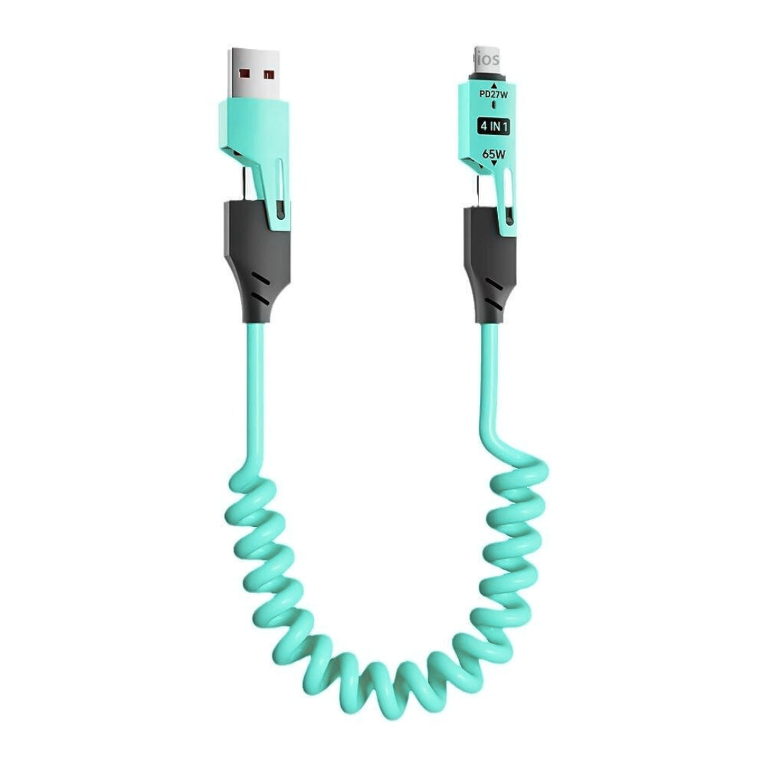 Variant Image 1: Spira 65W PD fast charging cable displaying spring mechanism and multi-connector adapters for iPhone Android laptop India
