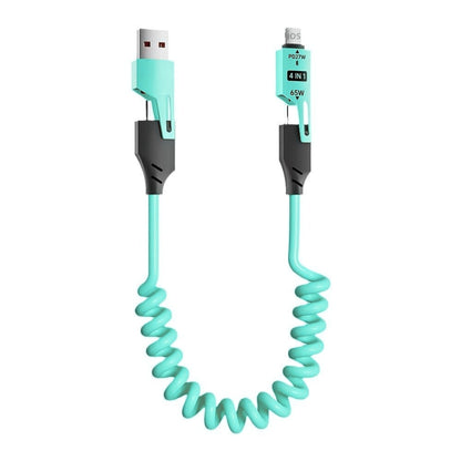 Variant Image 1: Spira 65W PD fast charging cable displaying spring mechanism and multi-connector adapters for iPhone Android laptop India
