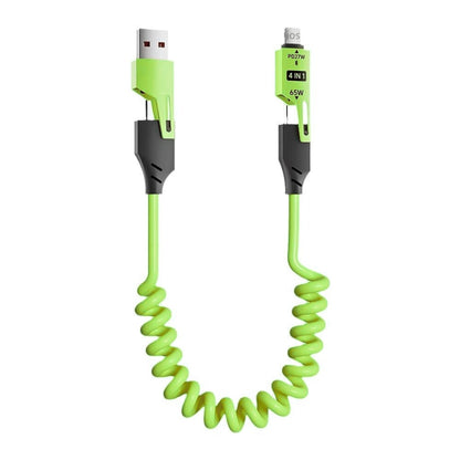 GRUNX Spira 4-in-1 65W spring charging cable green colour showing Type-C Lightning and Micro USB connectors coiled design India