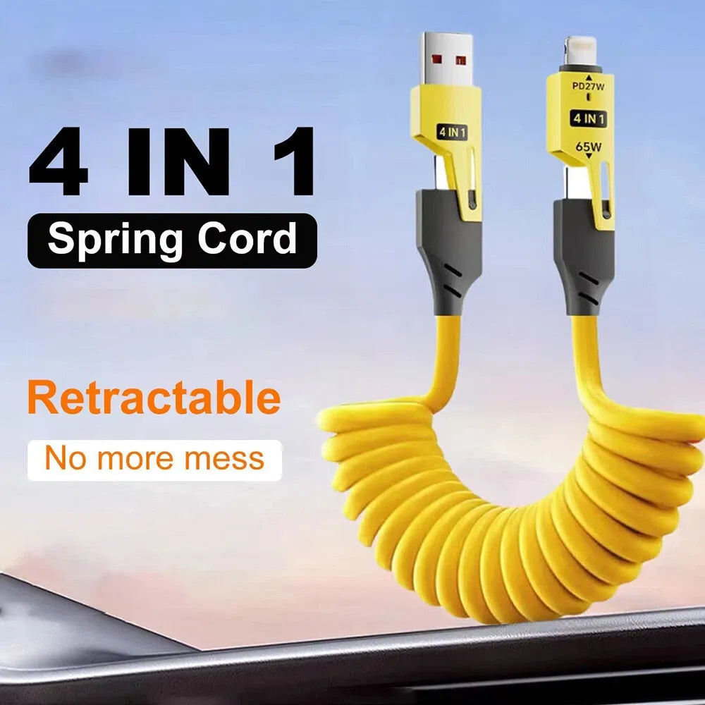 (4-in-1, Type C, PD 65W, Fast Charging, Spring Cable, iPhone 16/15, USB A, Lightning, Data Transfer) PD 65W Fast Charging USB to Type-C Cable with Lightning/Micro/USB-A Adapters, 480Mbps Data Transfer, Multi Adjustable Charger for iPhone 16/15 & Android 