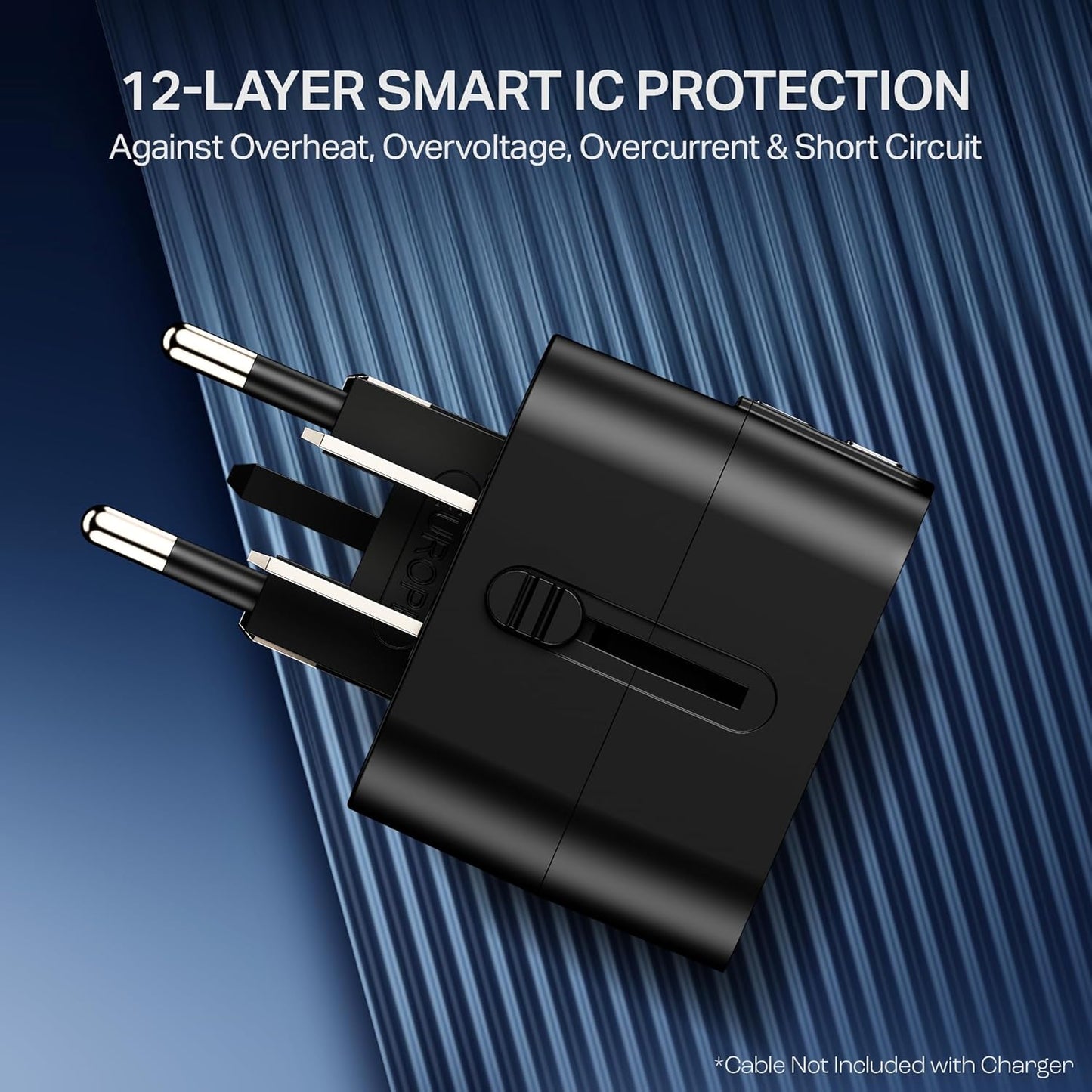 boAt travel adapter with UK plug pins extended, featuring 12-layer smart IC protection against overheat and short circuit