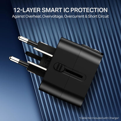 boAt travel adapter with UK plug pins extended, featuring 12-layer smart IC protection against overheat and short circuit