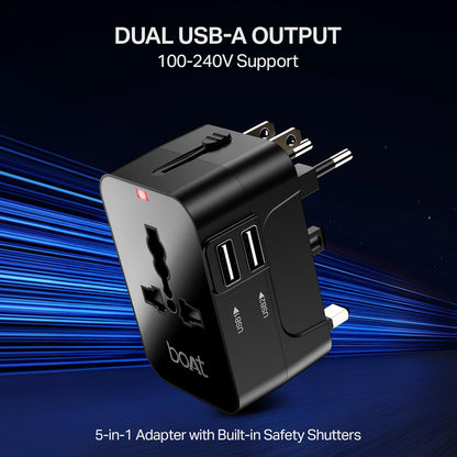 boAt 5-in-1 universal travel adapter with dual USB-A ports, multi-pin plugs, and red LED power indicator