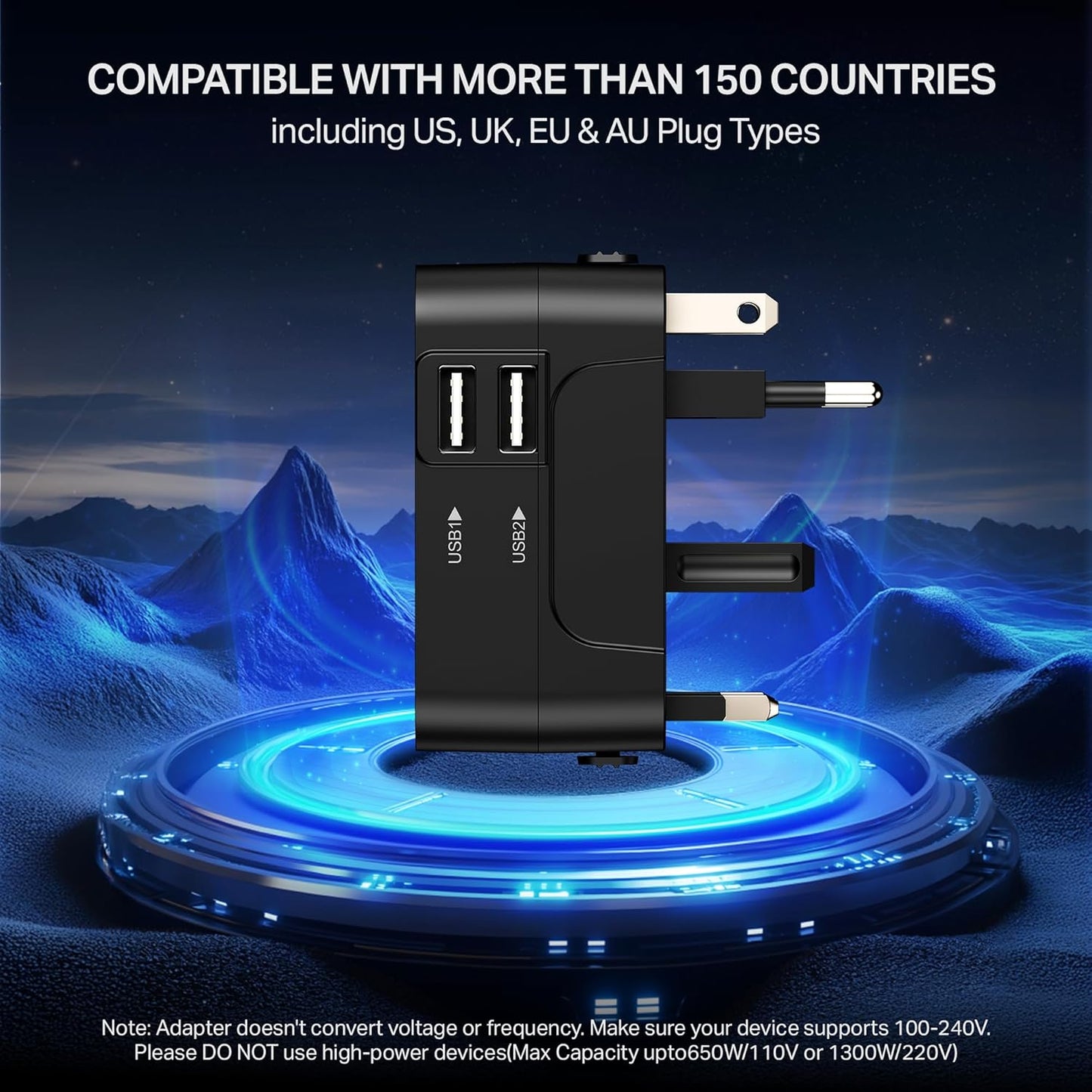 boAt international travel adapter with US UK EU AU plug types, compatible with 150+ countries, 100-240V support