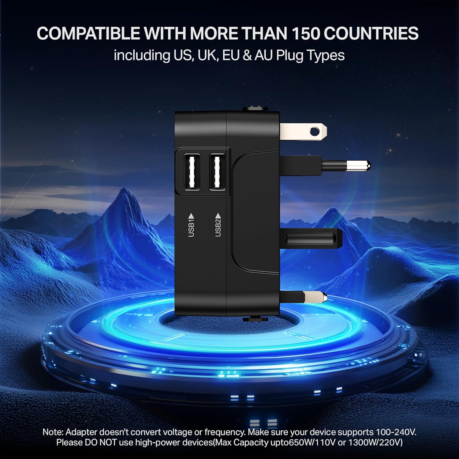 boAt international travel adapter with US UK EU AU plug types, compatible with 150+ countries, 100-240V support