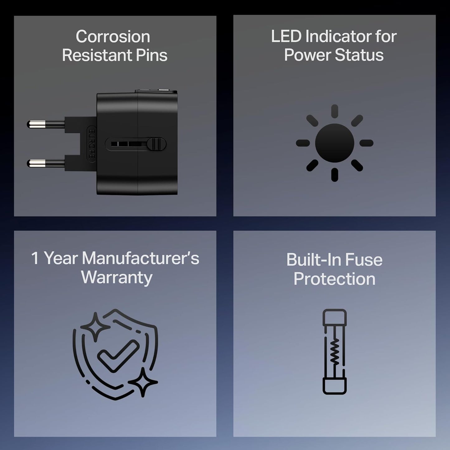 boAt travel adapter features infographic showing corrosion-resistant pins, LED power indicator, 1-year warranty, and built-in fuse protection