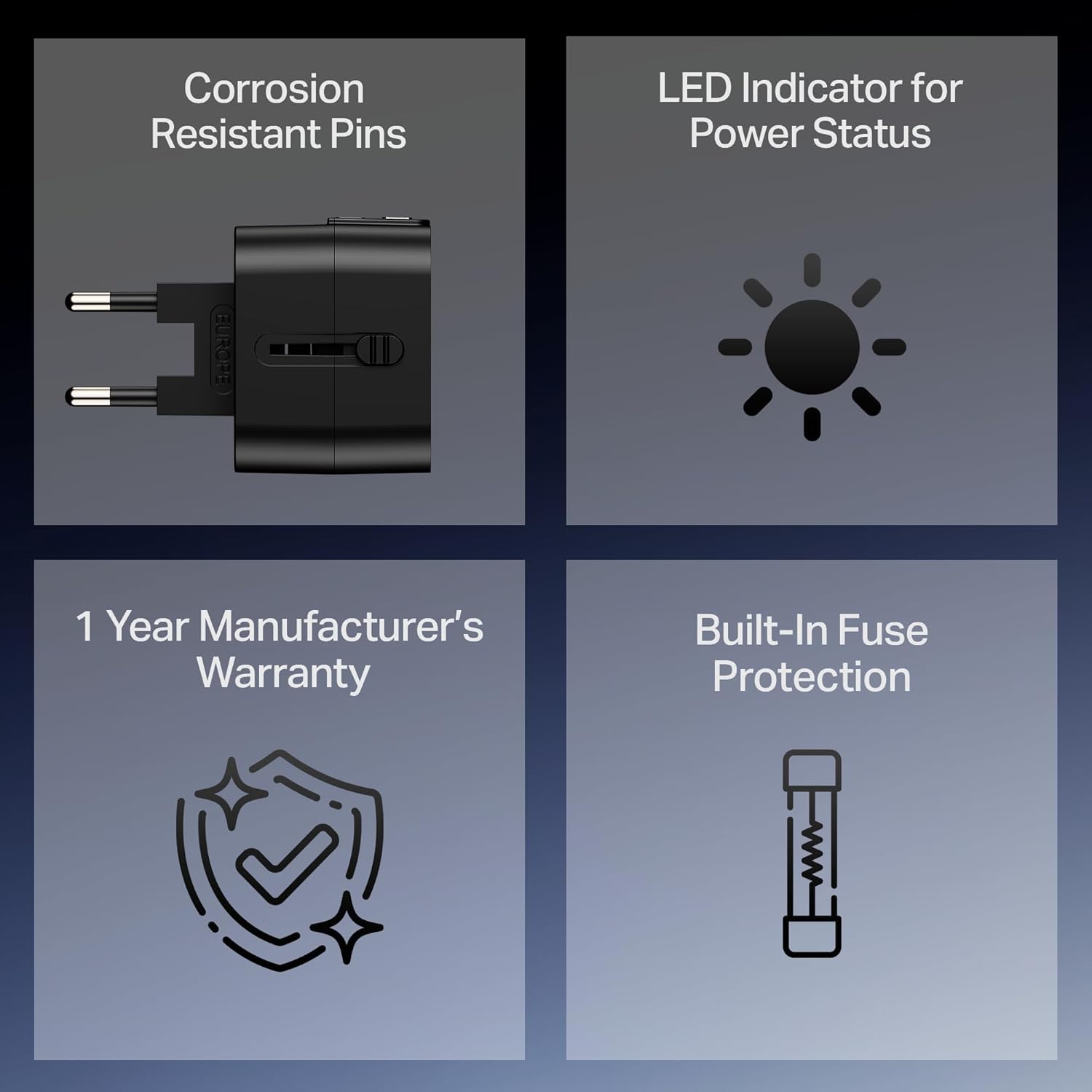 boAt travel adapter features infographic showing corrosion-resistant pins, LED power indicator, 1-year warranty, and built-in fuse protection
