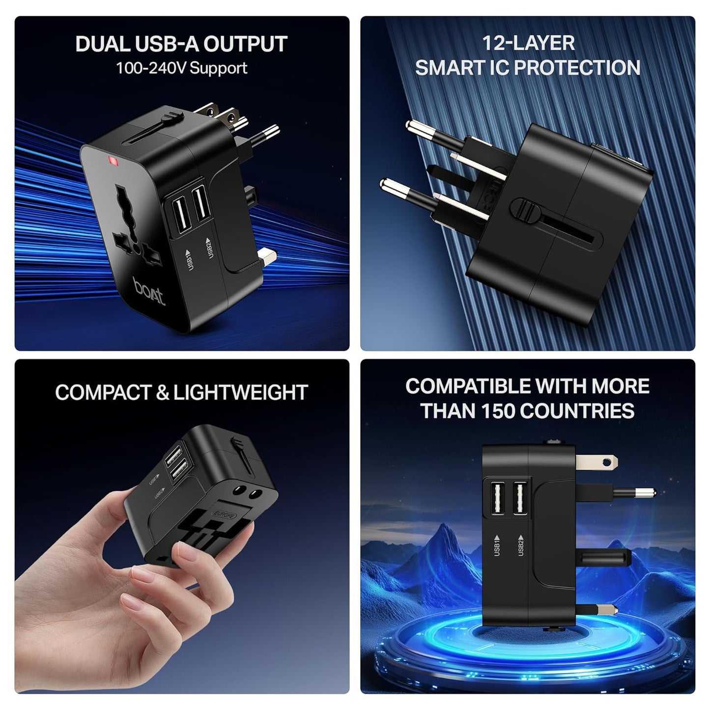 boAt universal travel adapter feature collage: dual USB-A output, 12-layer IC protection, compact design, 150+ country compatibility