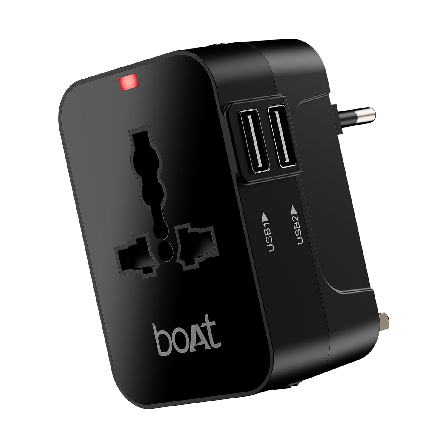 boAt universal travel adapter product shot with European plug, dual USB ports, and multi-socket outlet on white background