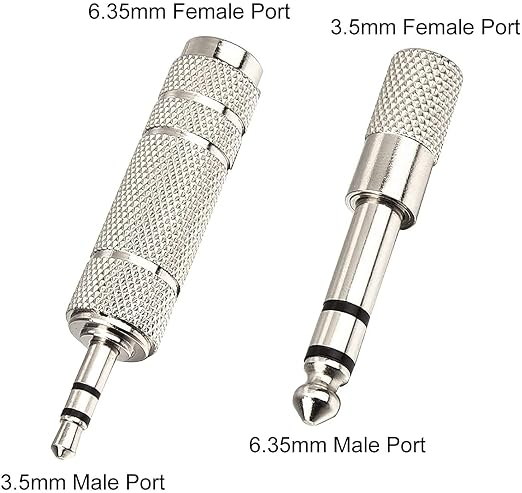Two silver metal audio adapter plugs on a white background, labeled 6.35mm Female Port, 3.