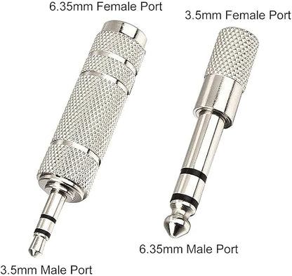 Two silver metal audio adapter plugs on a white background, labeled 6.35mm Female Port, 3.
