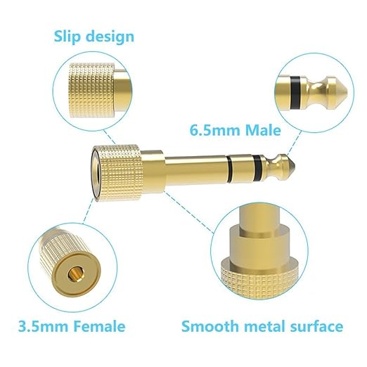 Gold-plated 6.5mm male to 3.5mm female audio jack adapter with knurled grip design