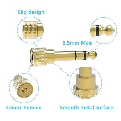 Gold-plated 6.5mm male to 3.5mm female audio jack adapter with knurled grip design