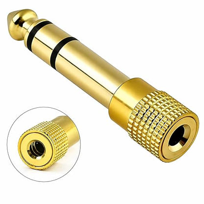 Gold 6.5mm to 3.5mm headphone adapter with close-up of female jack port