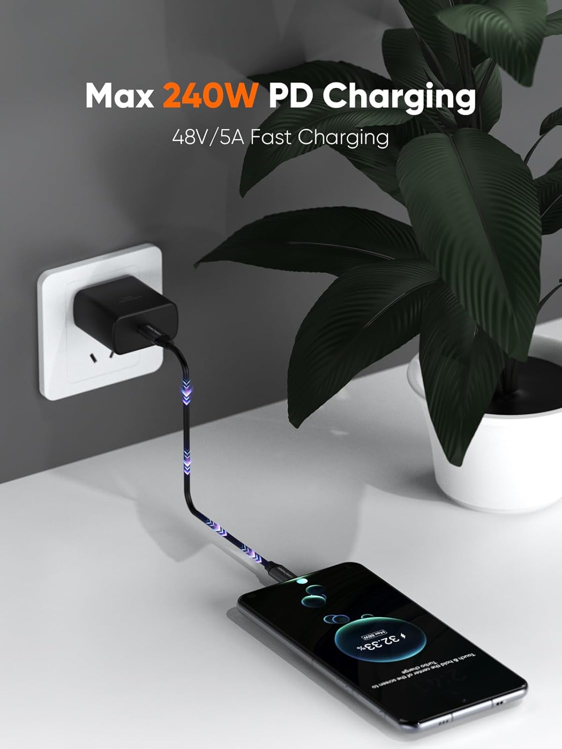USB4 USB-C Cable supporting maximum 240W PD fast charging at 48V 5A connected to Android smartphone via wall charger
