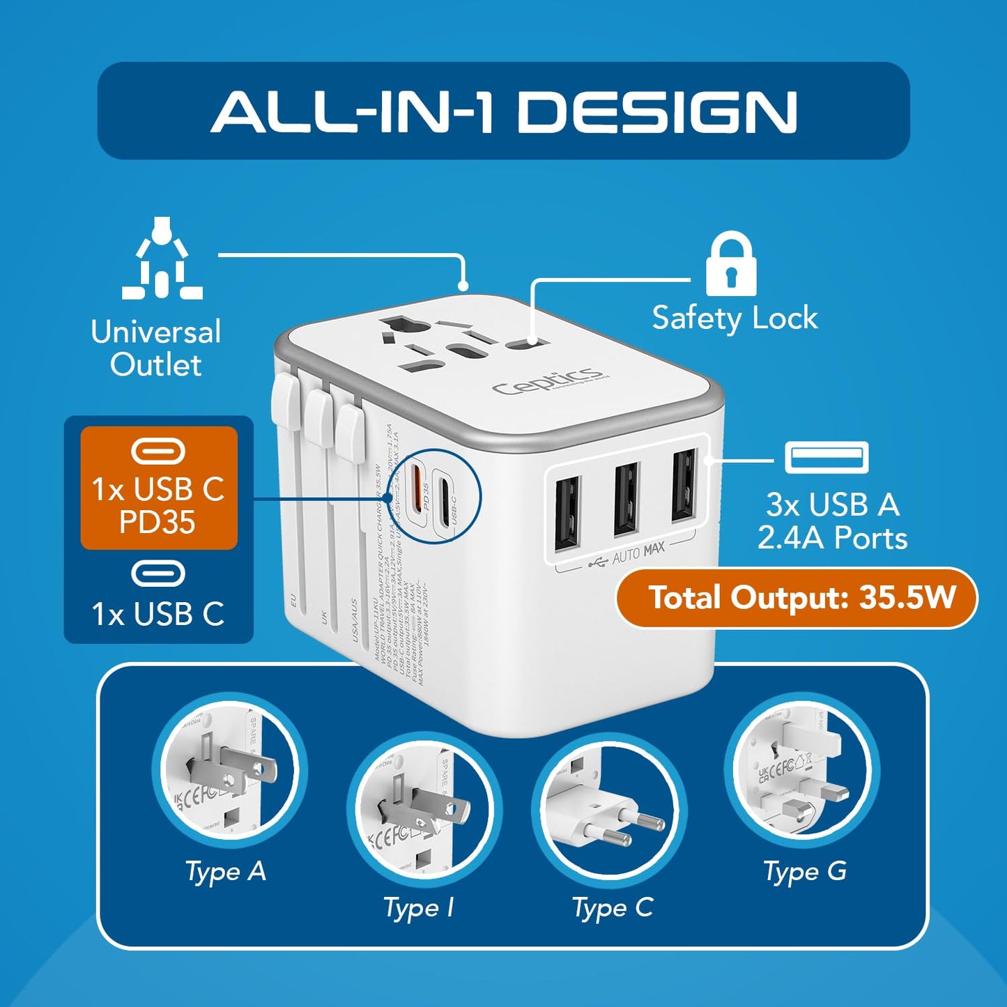 35.5W all-in-one travel adapter with USB C PD35 3 USB A ports and Type A I C G plugs