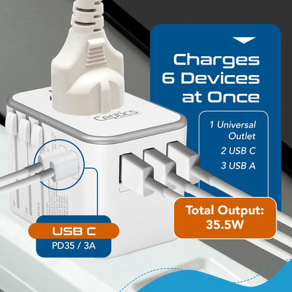 35.5W travel adapter plugged into power strip charging six devices with USB C and USB A cables