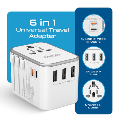 6-in-1 universal travel adapter with USB C PD35 USB C 3 USB A ports and universal outlet 35.5W