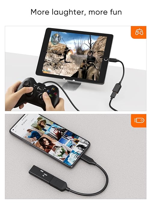 USB-C OTG cable connecting Xbox controller to tablet for mobile gaming and USB flash drive to Android smartphone for photo transfer