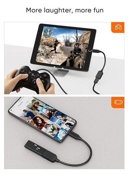 USB-C OTG cable connecting Xbox controller to tablet for mobile gaming and USB flash drive to Android smartphone for photo transfer