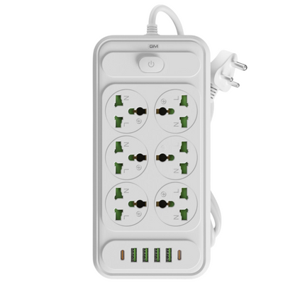 A white 6-outlet power strip with green and black European-style sockets, four USB charging ports, and a white power cord, shown on a plain white background.