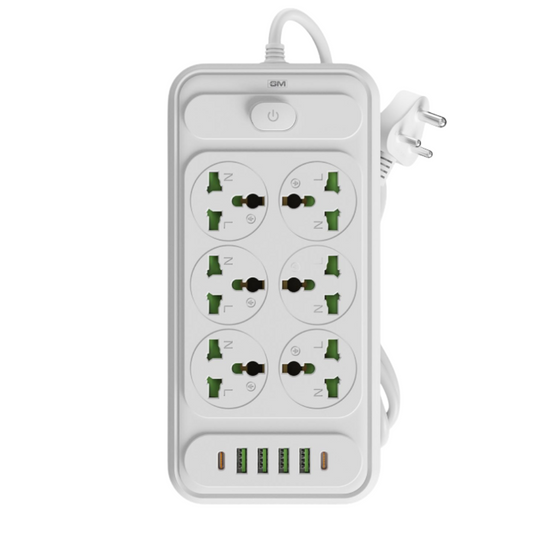 A white 6-outlet power strip with green and black European-style sockets, four USB charging ports, and a white power cord, shown on a plain white background.