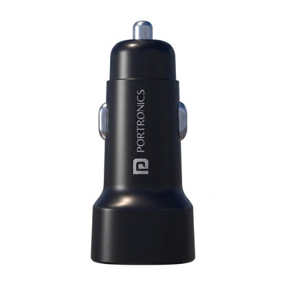 A black Portronics car cigarette lighter charger with silver metal contacts, shown on a solid white background.